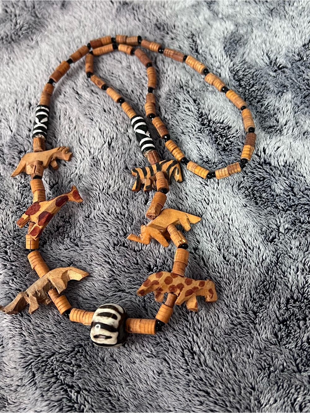 Vintage African Handcrafted Wooden Safari Jungle Animals Beaded Necklace 26in